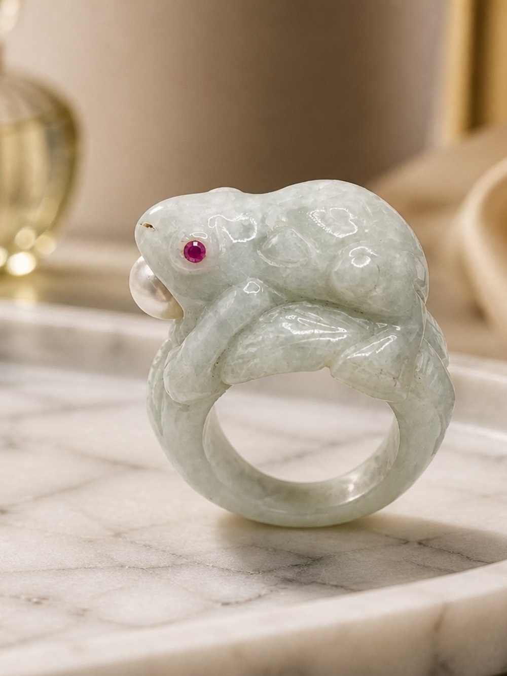 Size 7 Carved Jade Frog Ring with Real Pearl Accent, Ruby eyes